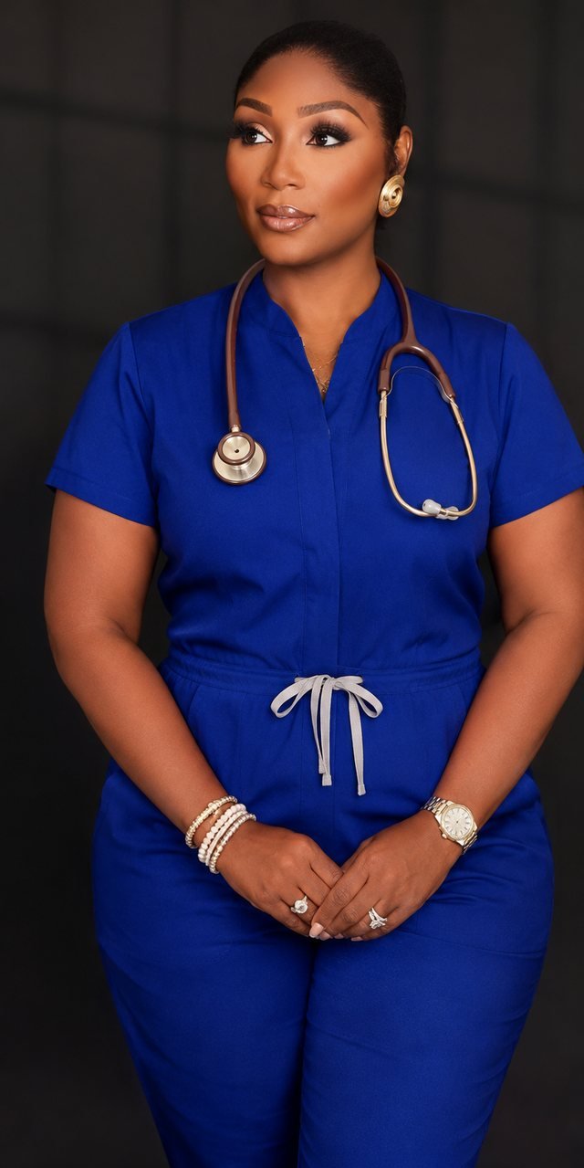 Dr. Ayisat in royal blue scrubs with a stethoscope