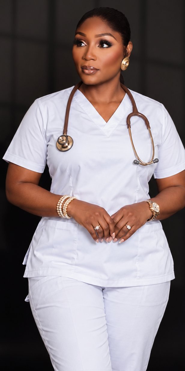 Dr. Ayisat in white scrubs with a stethoscope